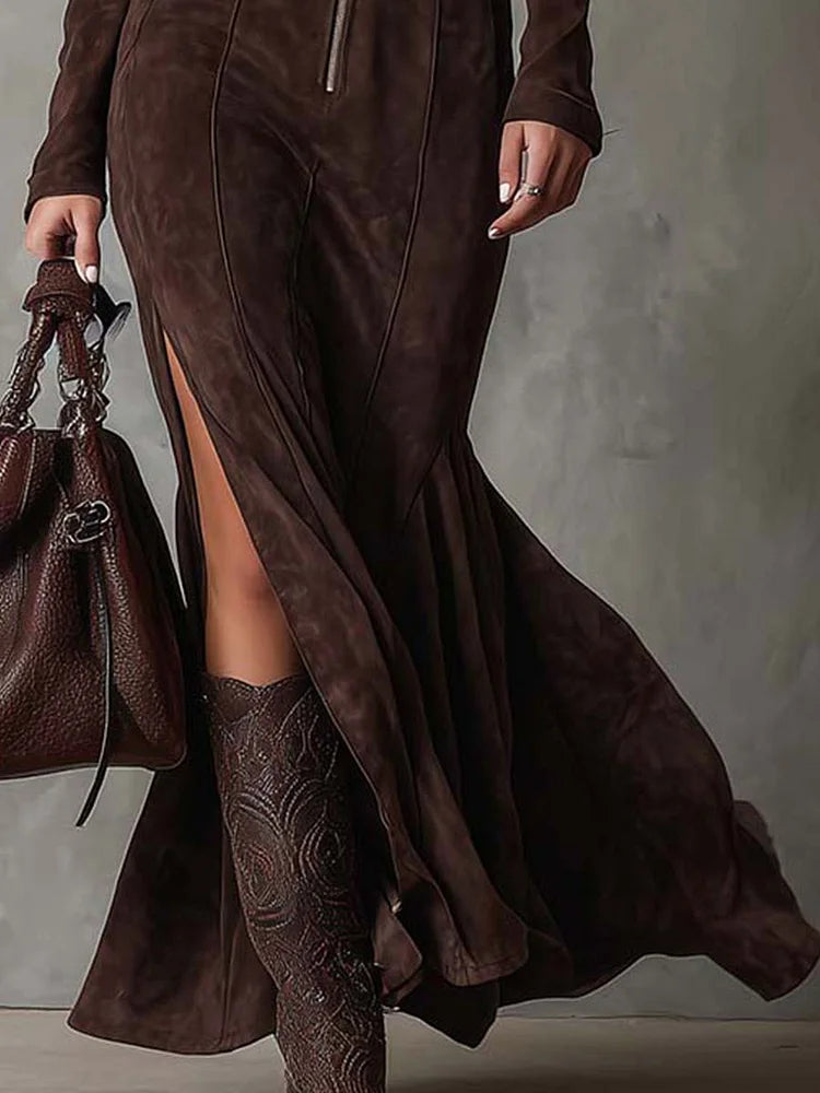 🇫🇷 Aurélie™ | Robe Ajustée en Similicuir Suédé – Élégance Rétro Chic